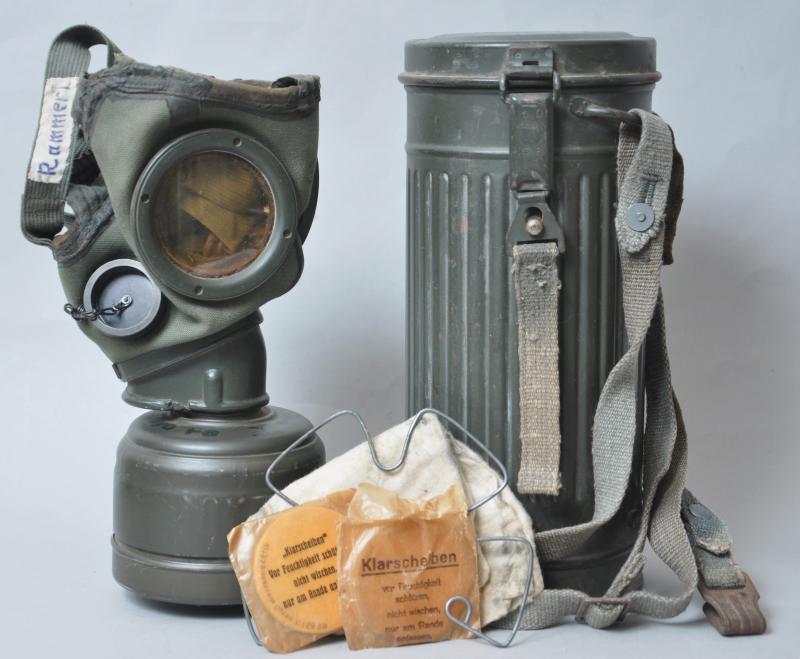 WW2 German Named Kriegsmarine M38 Communications Gas Mask With Kriegsmarine Marked  Canister , Cleaning Cloth & Spring