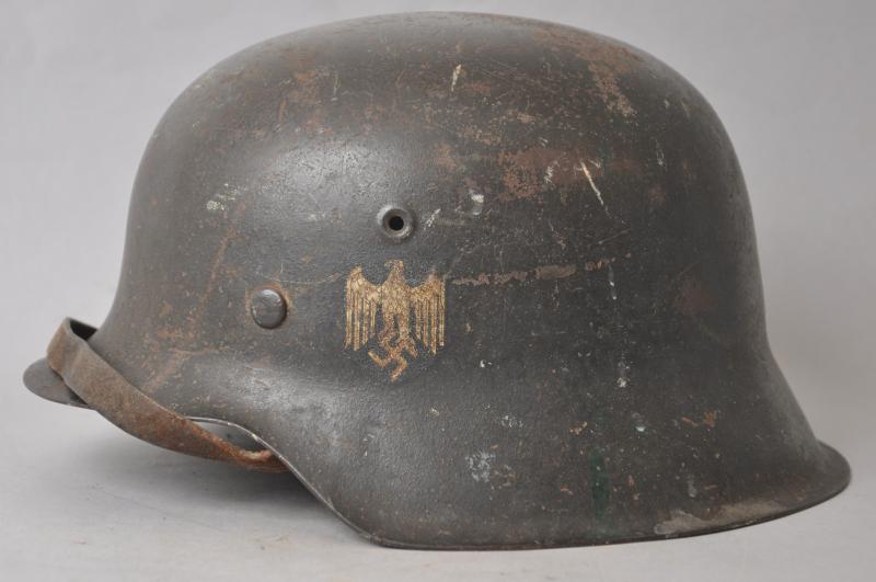 WW2 German M42 Army Single Decal Helmet With Normandy Commando Bringback Label